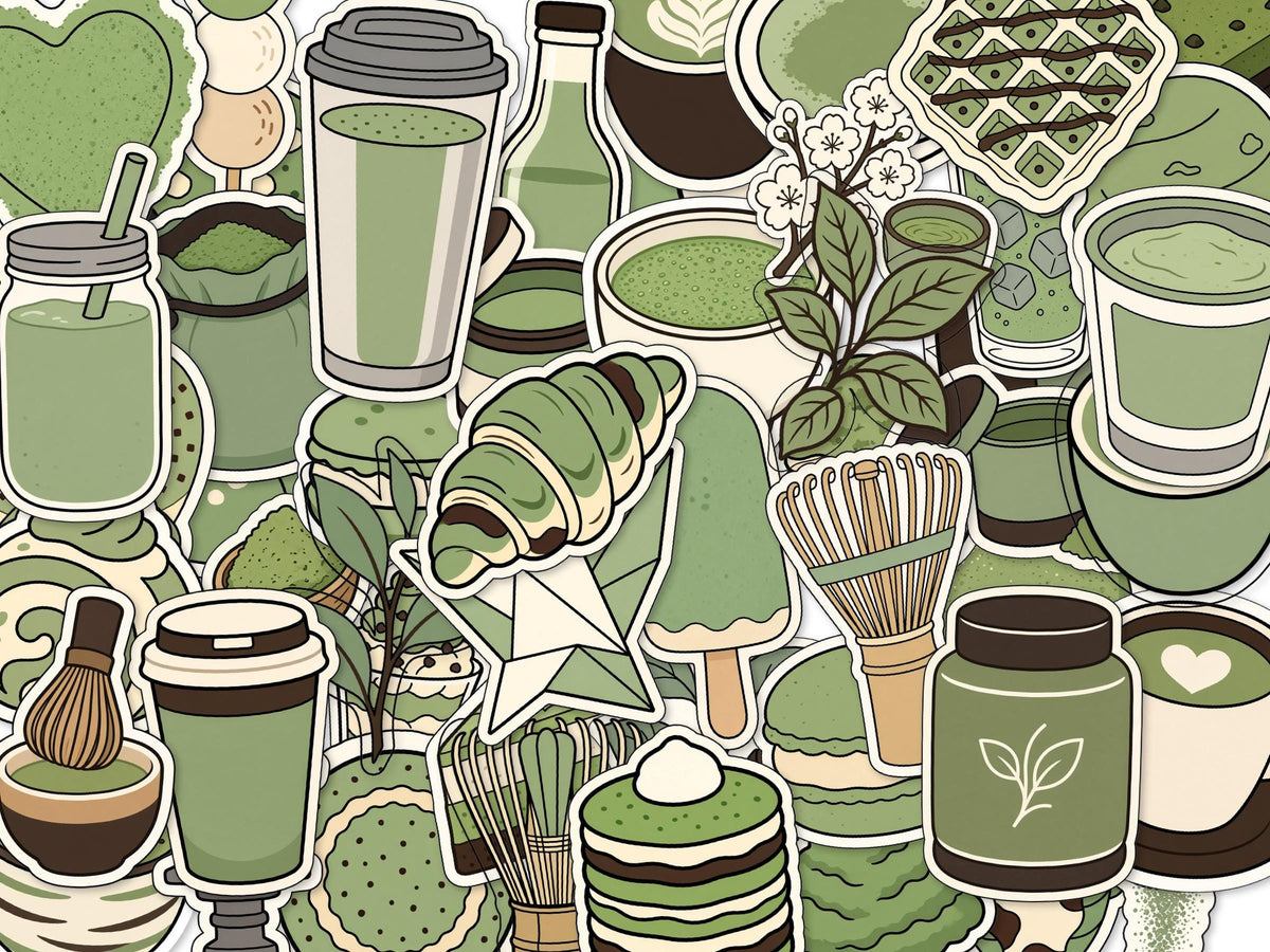 Matcha Stickers, Green Tea Pastry Decals, Whisk Latte Laptop Journal Set