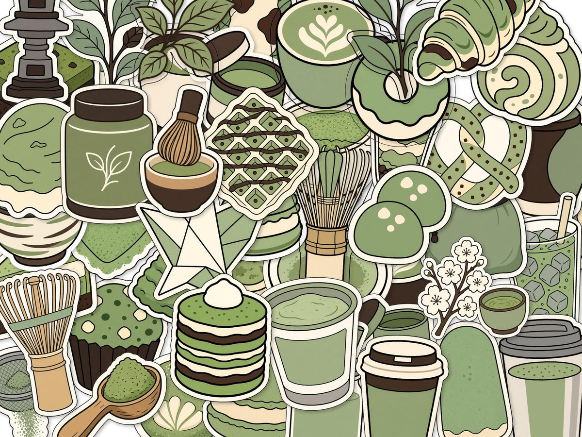 Matcha Stickers, Green Tea Pastry Decals, Whisk Latte Laptop Journal Set