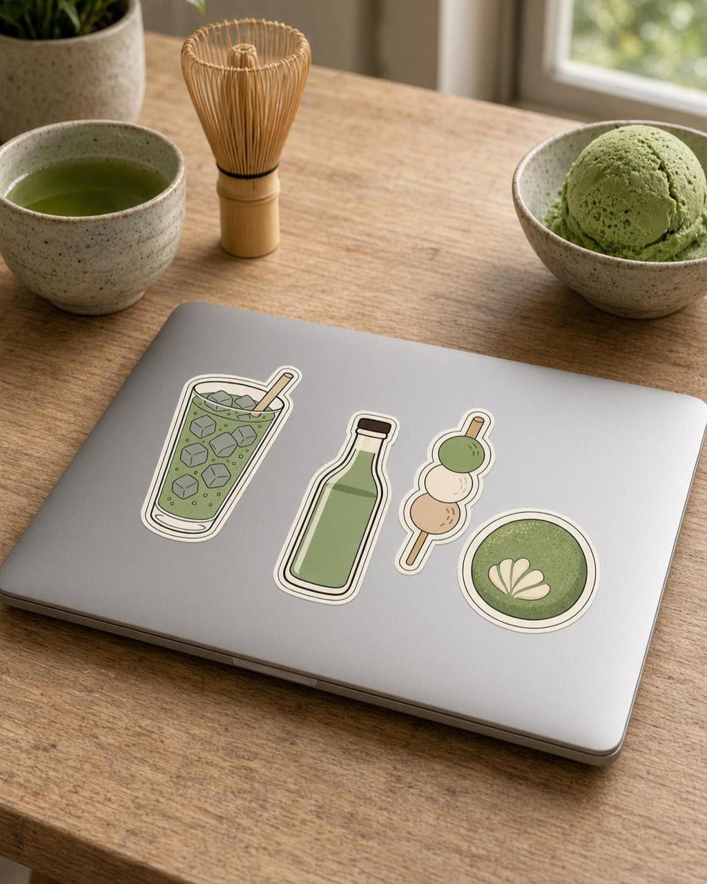 Matcha Stickers, Green Tea Pastry Decals, Whisk Latte Laptop Journal Set