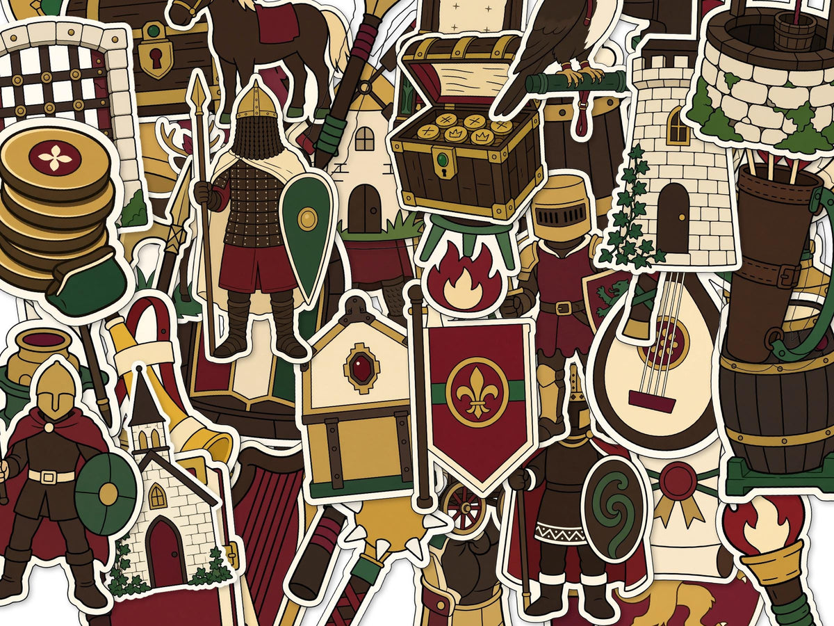Medieval Stickers, Knight Castle Decals, Sword Shield Laptop Journal Set