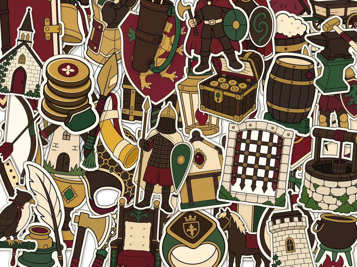 Medieval Stickers, Knight Castle Decals, Sword Shield Laptop Journal Set