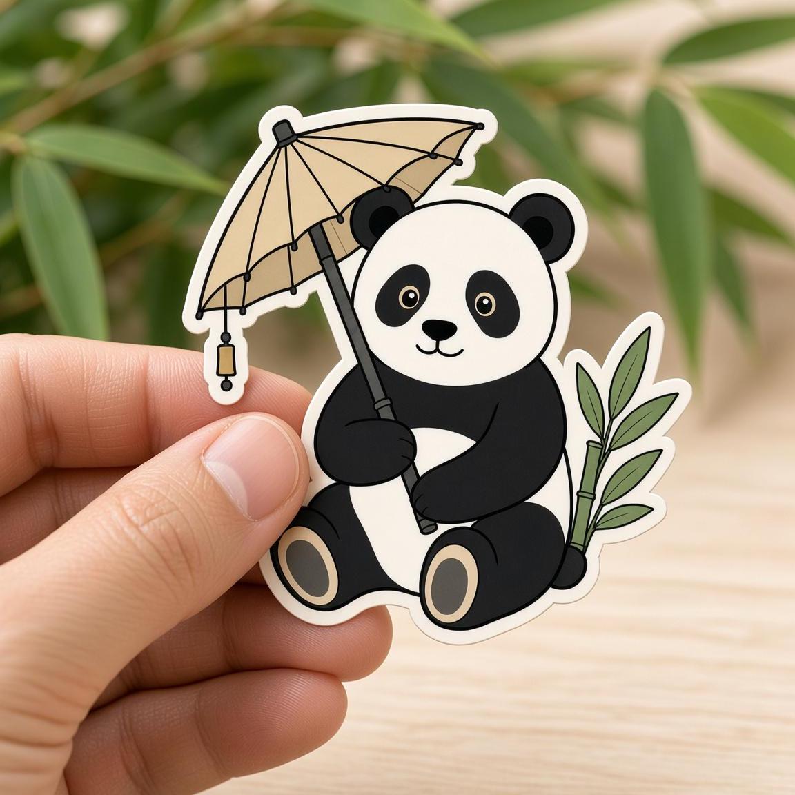 Panda Bamboo Stickers, Reading, Bike, Hammock, Parasol, Drum, Bamboo (Set)