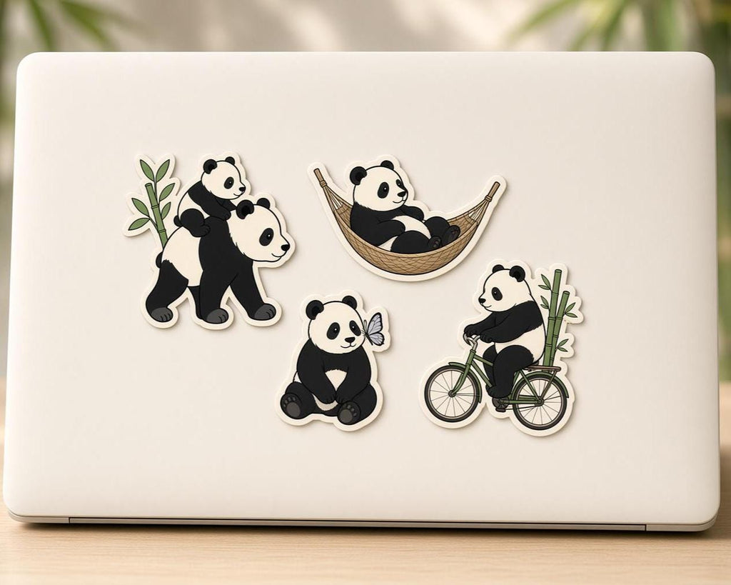 Panda Bamboo Stickers, Reading, Bike, Hammock, Parasol, Drum, Bamboo (Set)