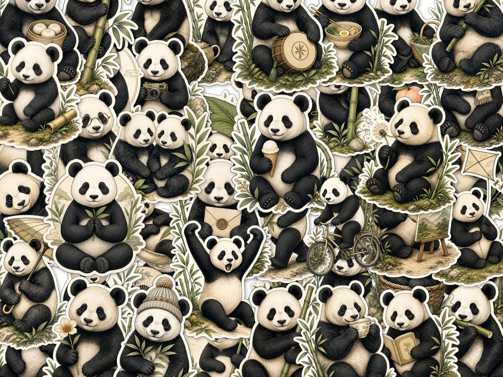 Illustrated Panda Stickers, Bamboo Fan Tea Decals, Vintage Laptop Journal Set