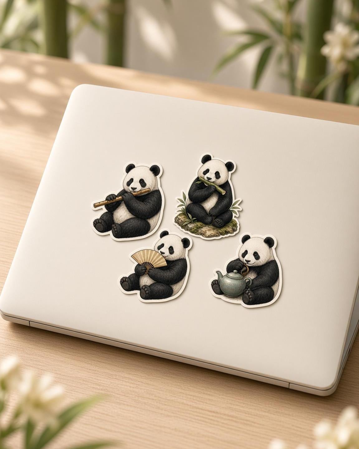 Illustrated Panda Stickers, Bamboo Fan Tea Decals, Vintage Laptop Journal Set