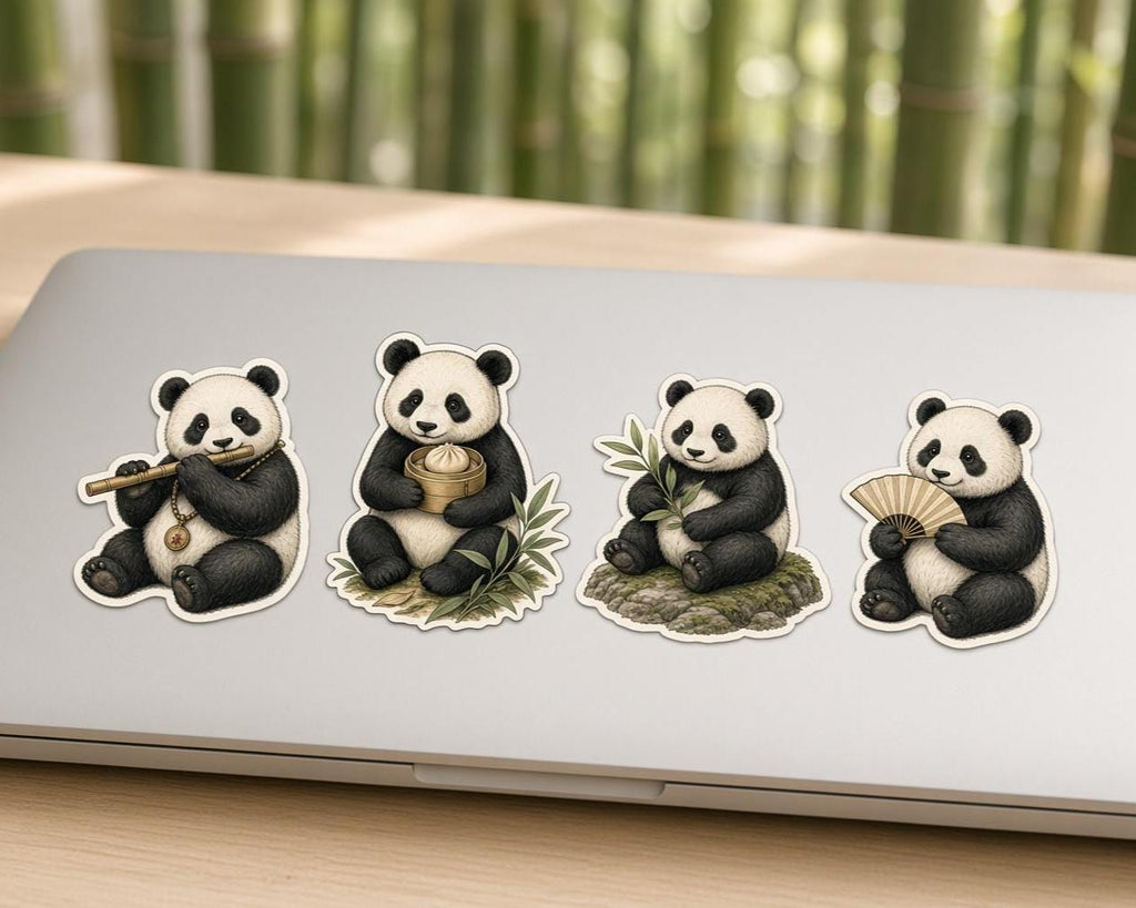 Illustrated Panda Stickers, Bamboo Fan Tea Decals, Vintage Laptop Journal Set