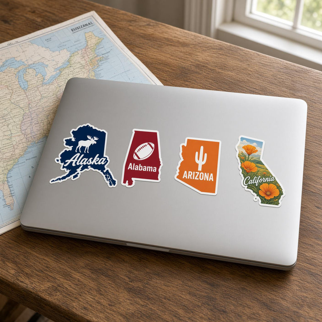 US State Stickers, Alaska California Map Decals, Laptop Journal Water Bottle