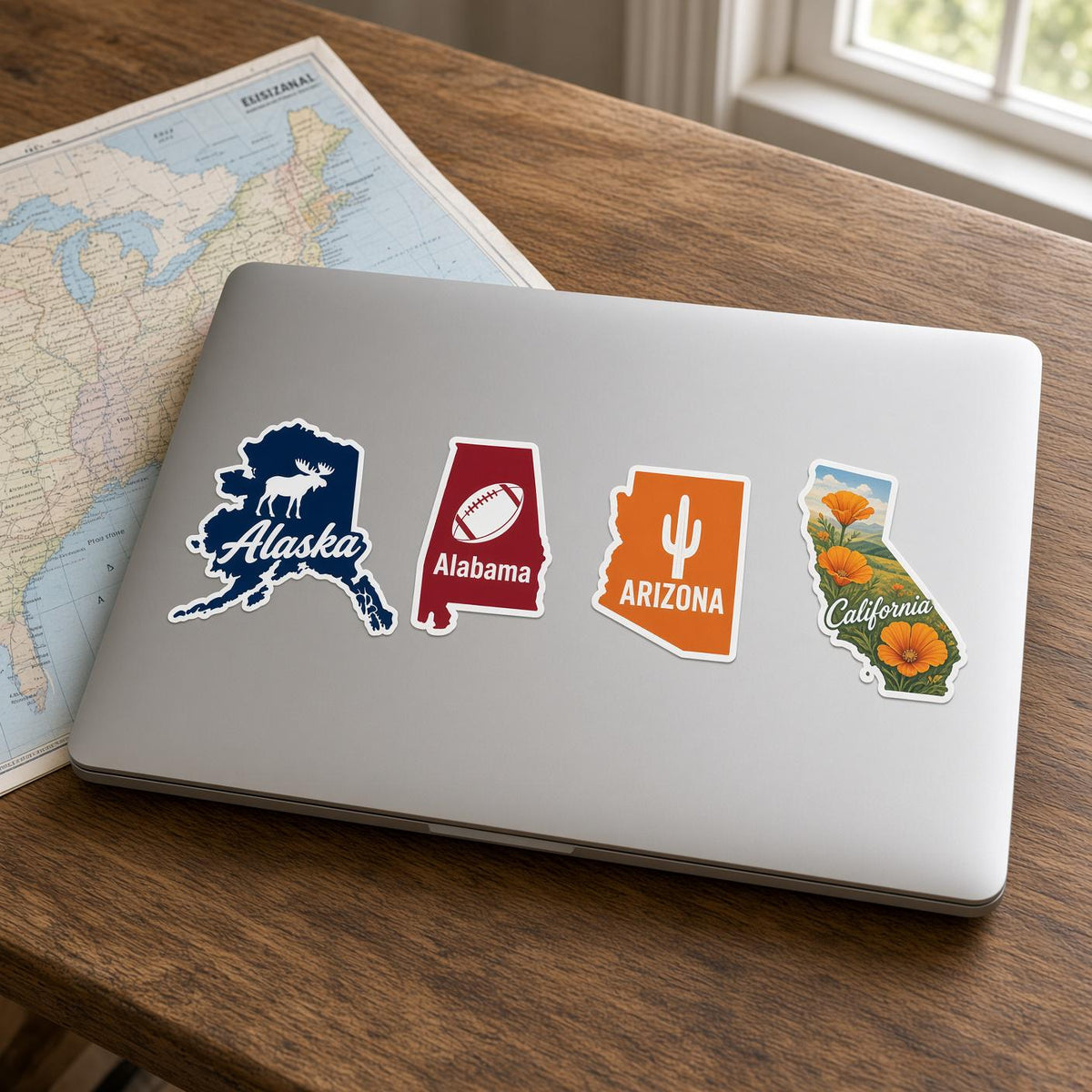 US State Stickers, Alaska California Map Decals, Laptop Journal Water Bottle