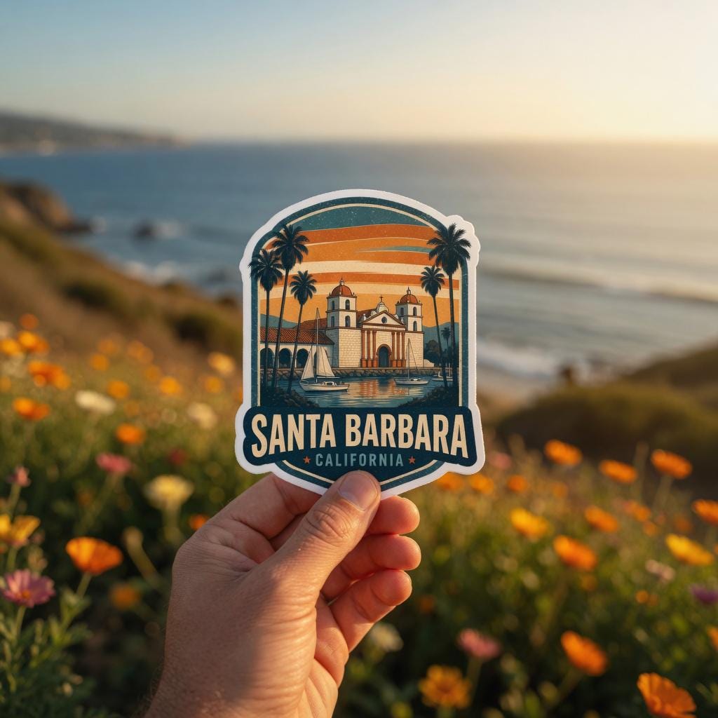 Vintage California Travel Sticker Pack, Die-Cut Vinyl, Sunset Stripes (68 Stickers)