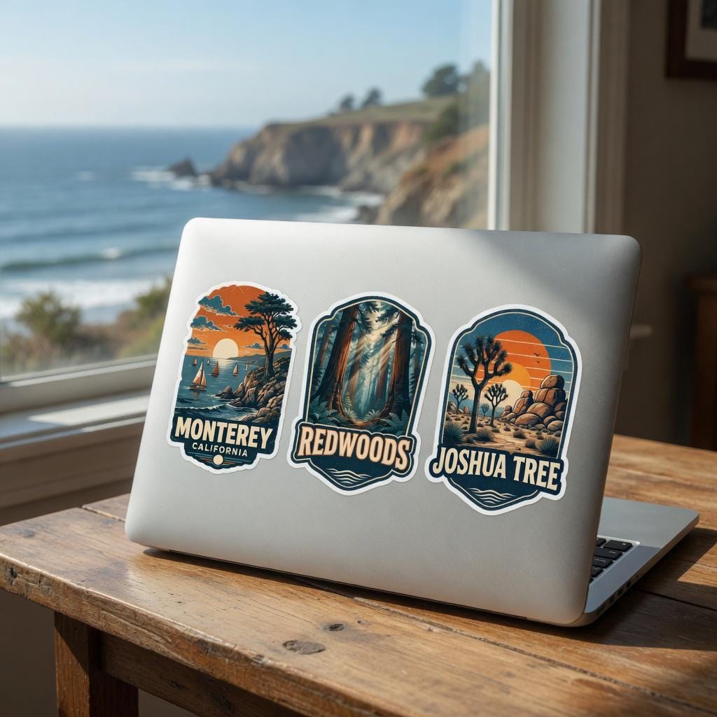 Vintage California Travel Sticker Pack, Die-Cut Vinyl, Sunset Stripes (68 Stickers)