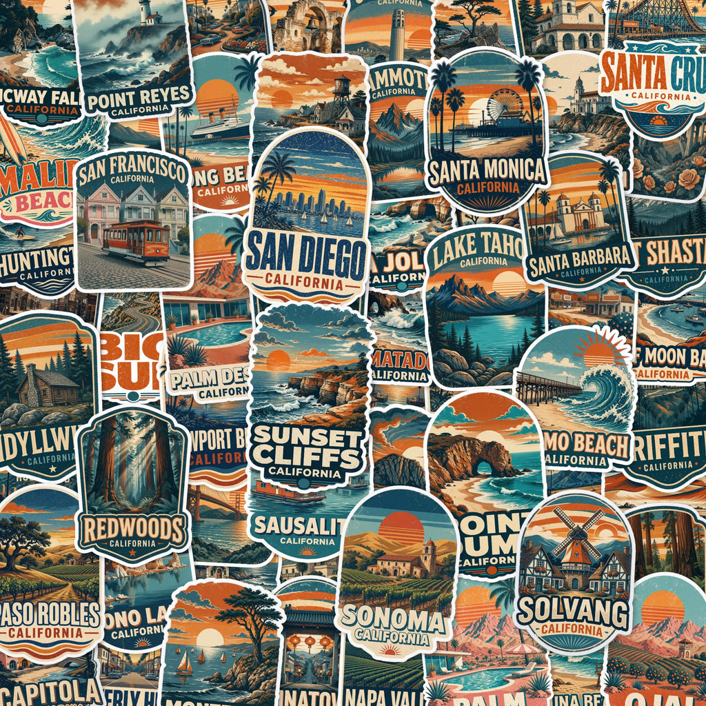 Vintage California Travel Sticker Pack, Die-Cut Vinyl, Sunset Stripes (68 Stickers)