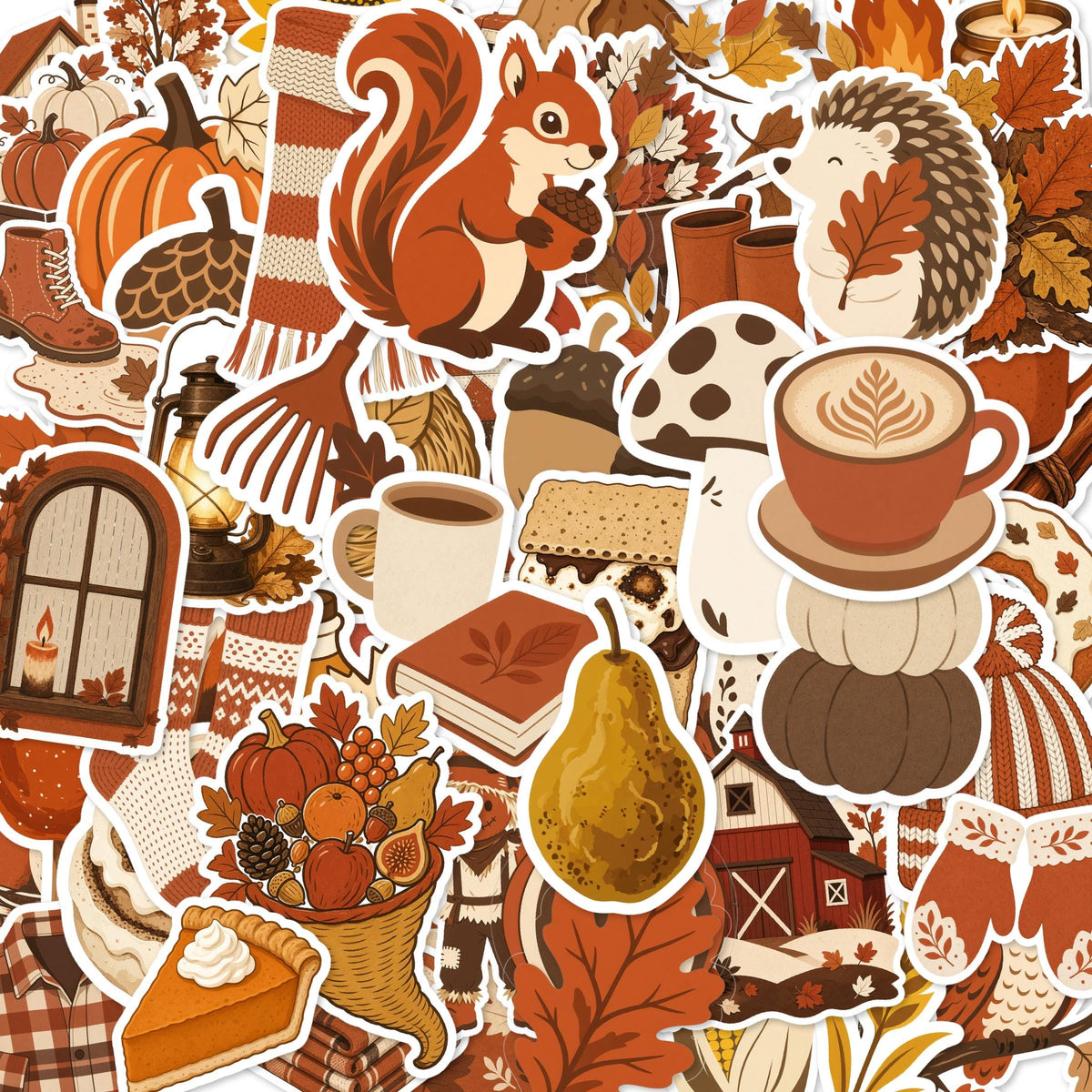 Fall Harvest Stickers, Autumn Die-Cut Set, Pumpkin Leaf Cider Cozy Journal Laptop Bottle Stickers