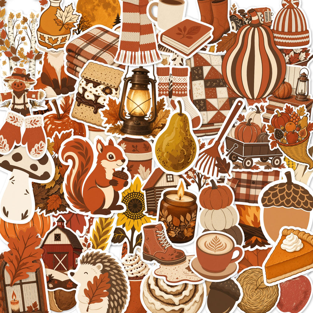 Fall Harvest Stickers, Autumn Die-Cut Set, Pumpkin Leaf Cider Cozy Journal Laptop Bottle Stickers