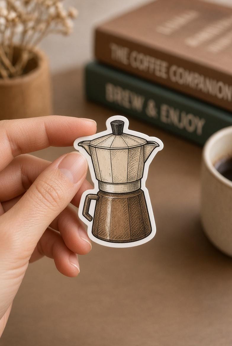 Coffee Stickers | Hand-Drawn Die-Cut Vinyl | Mugs, French Press, Beans & Café Pack