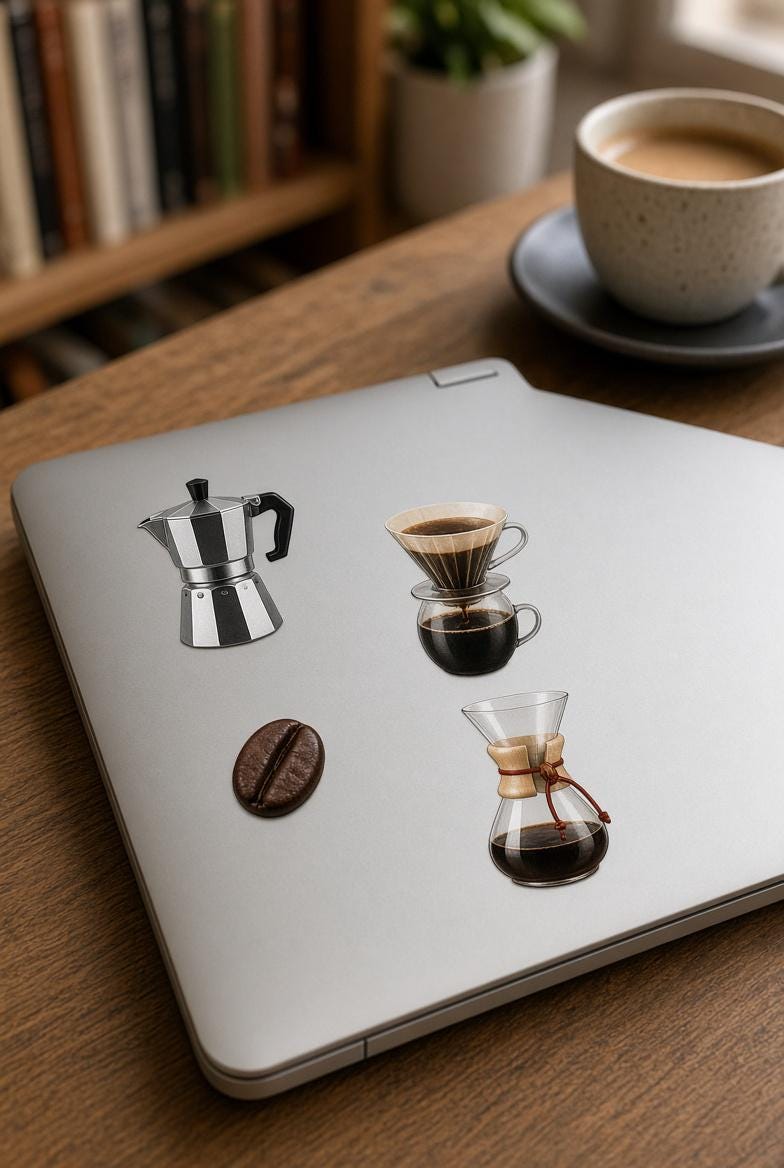 Coffee Stickers | Hand-Drawn Die-Cut Vinyl | Mugs, French Press, Beans & Café Pack