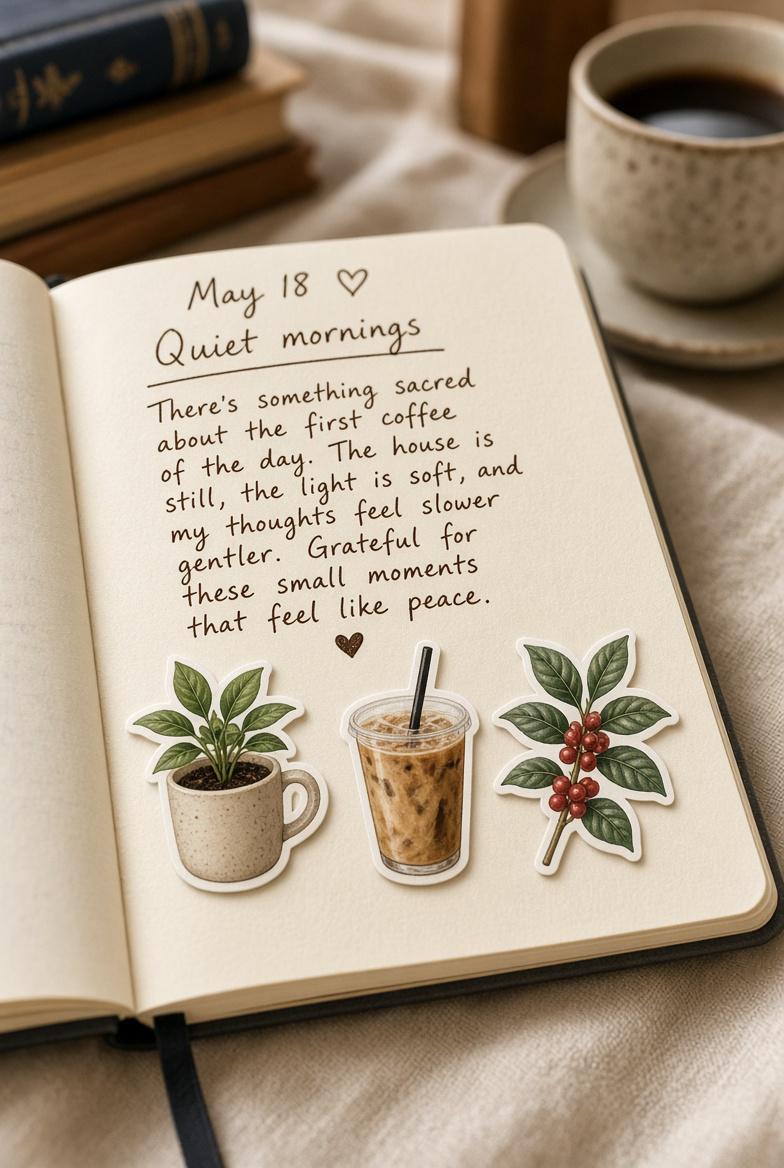 Coffee Stickers | Hand-Drawn Die-Cut Vinyl | Mugs, French Press, Beans & Café Pack
