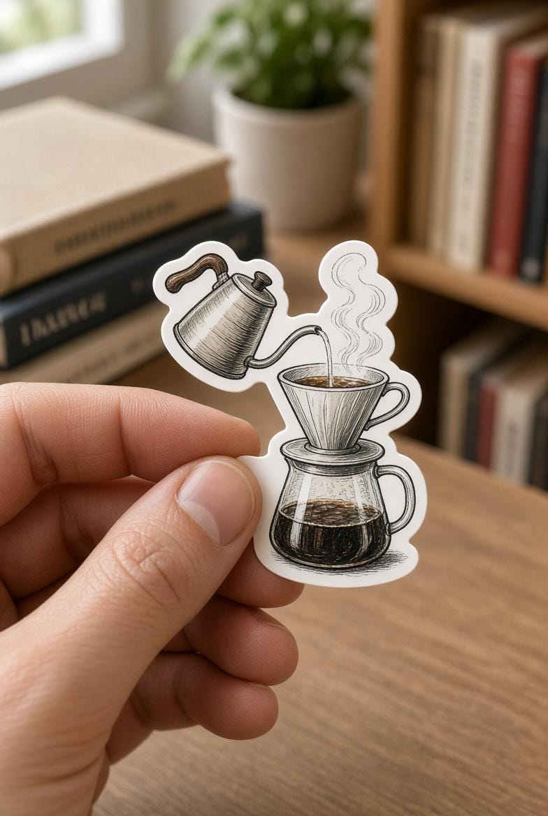Coffee Stickers | Hand-Drawn Die-Cut Vinyl | Mugs, French Press, Beans & Café Pack