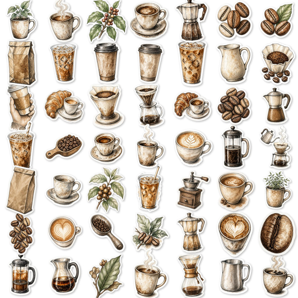 Coffee Stickers | Hand-Drawn Die-Cut Vinyl | Mugs, French Press, Beans & Café Pack