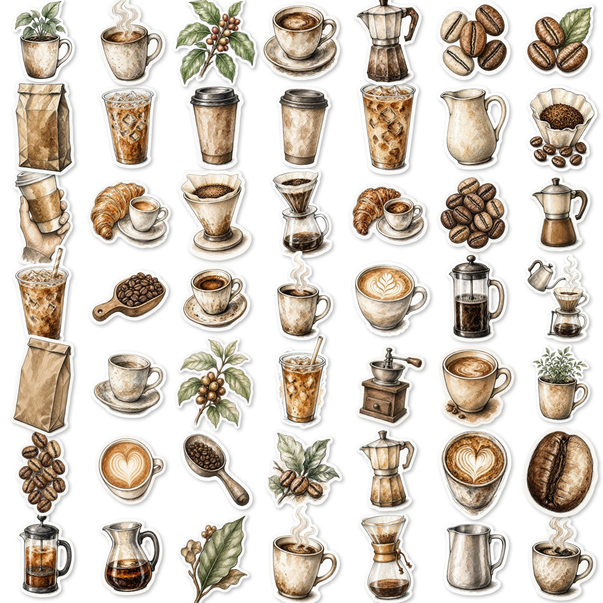 Coffee Stickers | Hand-Drawn Die-Cut Vinyl | Mugs, French Press, Beans & Café Pack